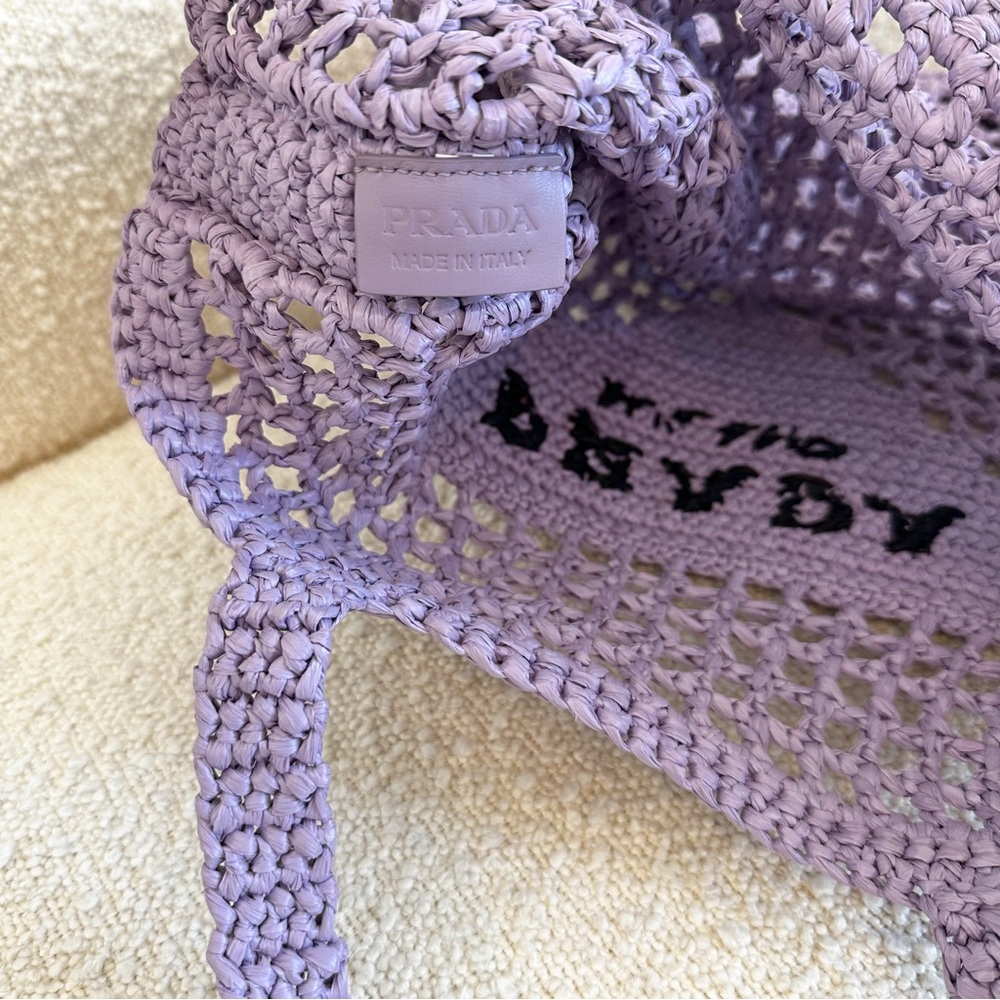 Prada “Lily” Purple Raffia Embroidered Logo Tote Shoulder Bag - Picture 10 of 12